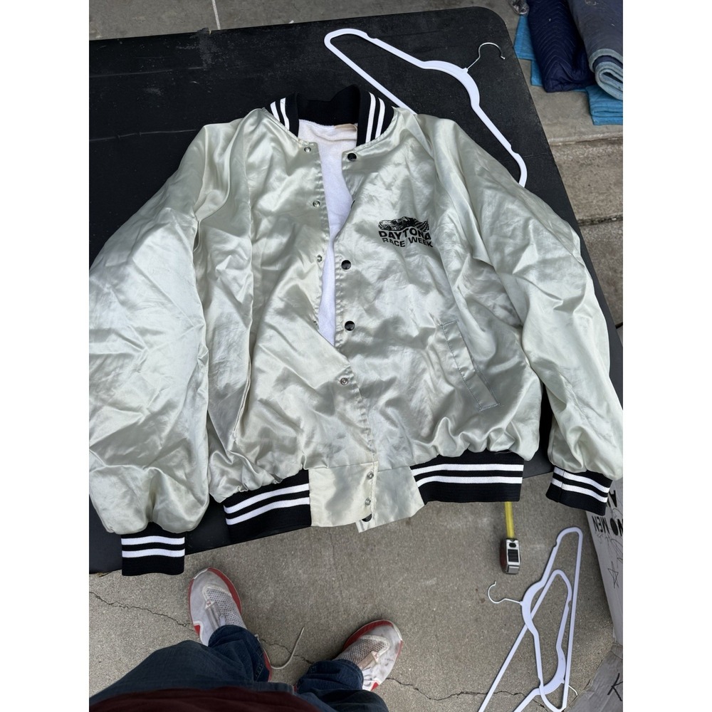 Vintage Daytona Race Week Satin NASCAR Bomber Jacket Cream Black L